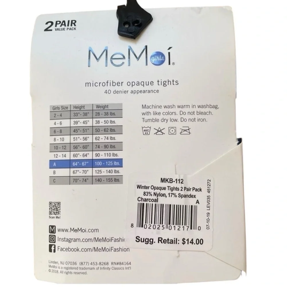 NWT MeMoi Charcoal Opaque Tights 2 Pairs Girls Size A